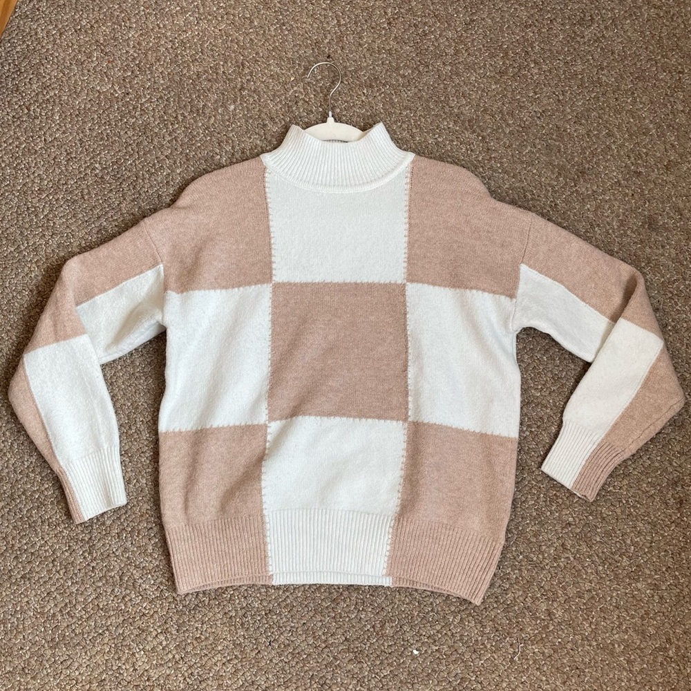 White and Nude High Neck Sweater